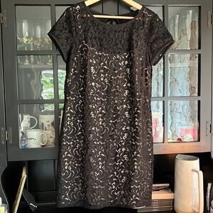 LOFT Black Lace Overlay Dress Size 10 — Short Sleeve Shift Cocktail Party